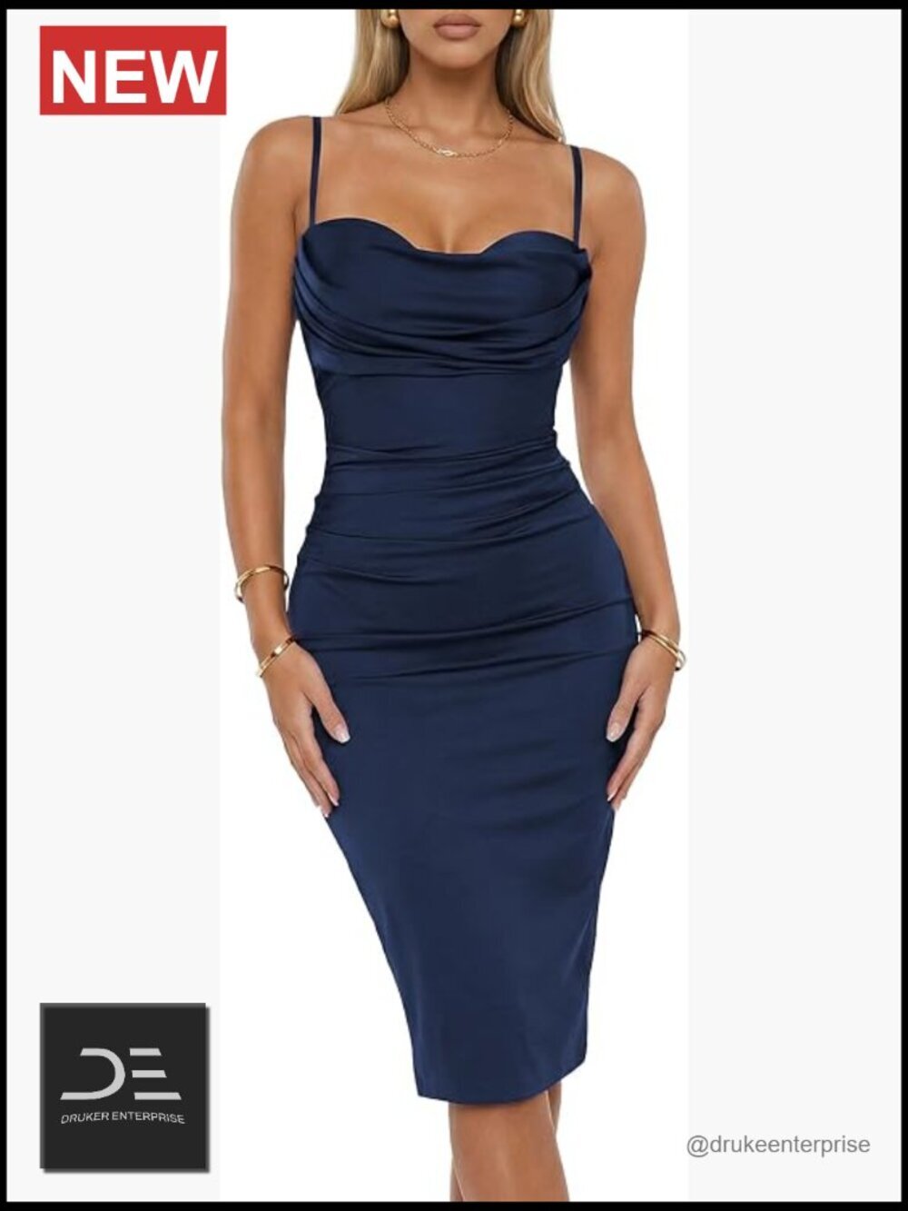 Built-in Bra Cowl Neck Bodycon Midi Dress, Backless, Spaghetti Straps, Tummy